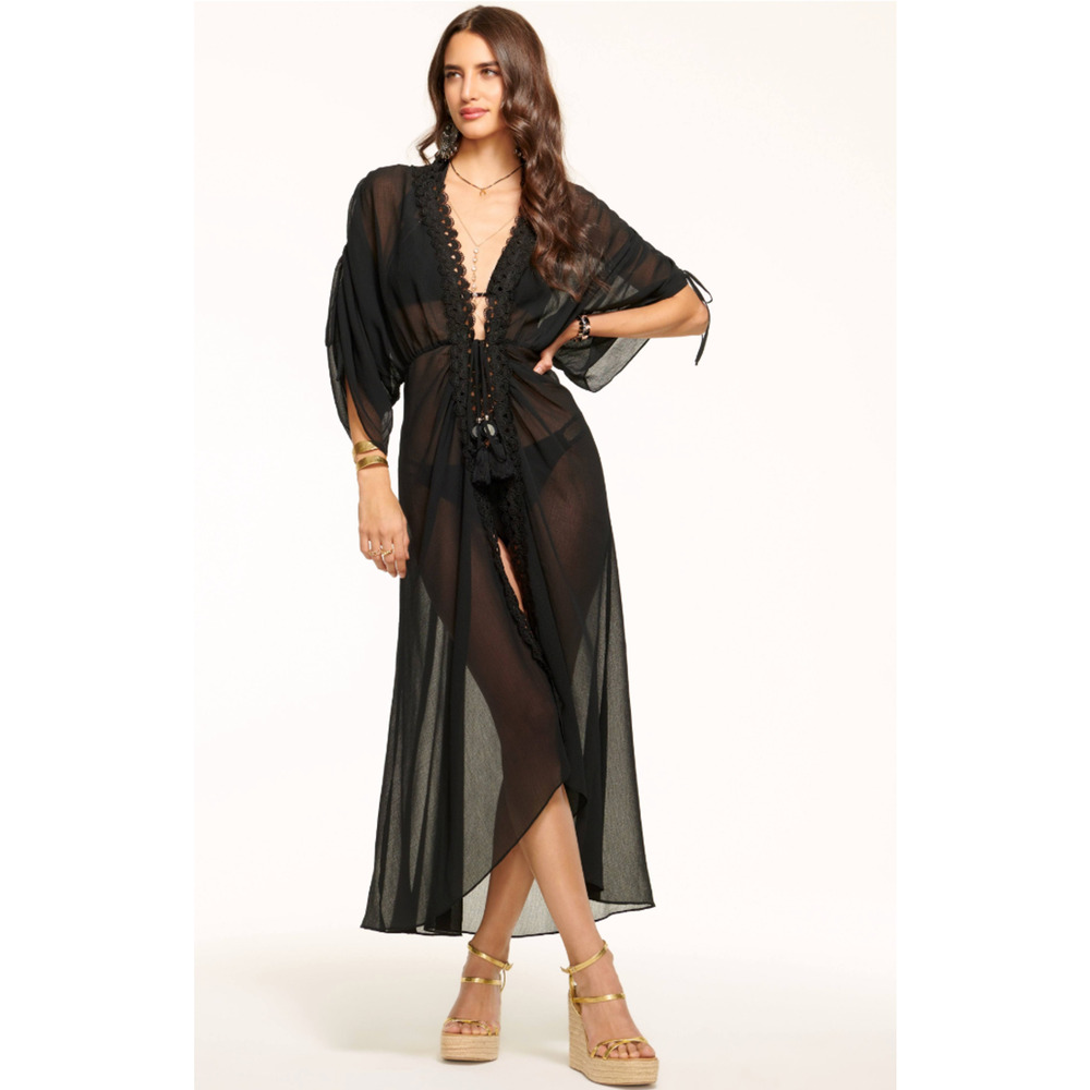 NEW RAMY BROOK BLACK RAELYNN LACE TRIM SWIM COVER UP MAXI DRESS SZ S